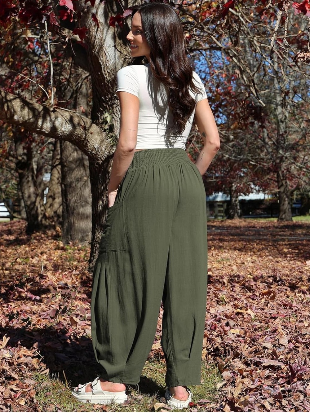 Olive Green Tapered Wide-Leg Pants w Large Side Pockets. Wide elastic waistband - Picture 4 of 12